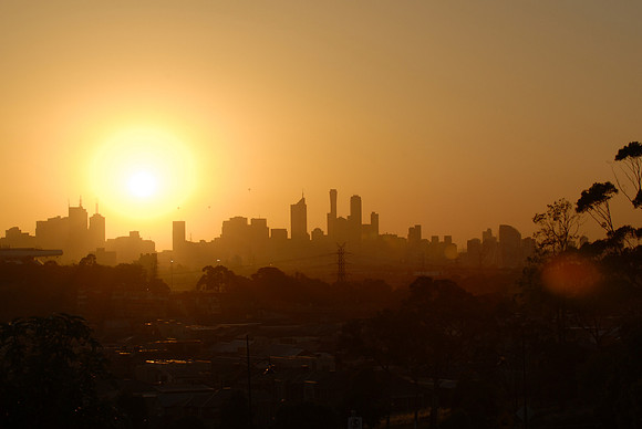 Early Morning in Melbourne, Australia (landscape)The dots on the horizon are hot air balloons.